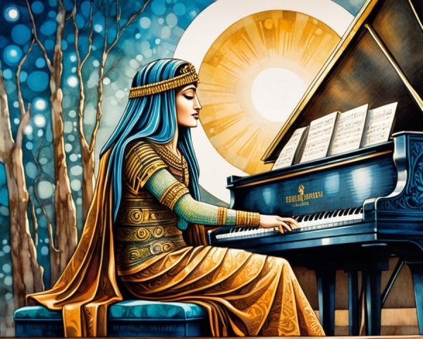 Woman in ancient attire playing grand piano outdoors