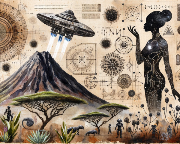 Surreal Artwork of Volcano with Geometric Patterns and Figures