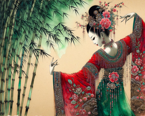 Traditional Chinese Attire with Bamboo and Calligraphy