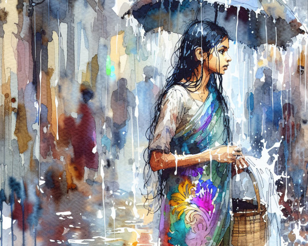 Woman in colorful saree under rain with umbrella