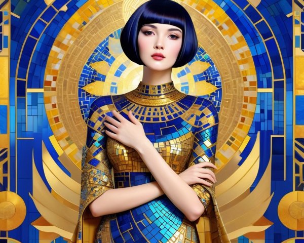 Woman in Mosaic Gown Against Geometric Background