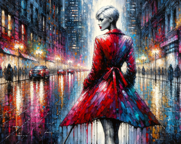 Urban Scene with Woman in Red Coat and Cityscape