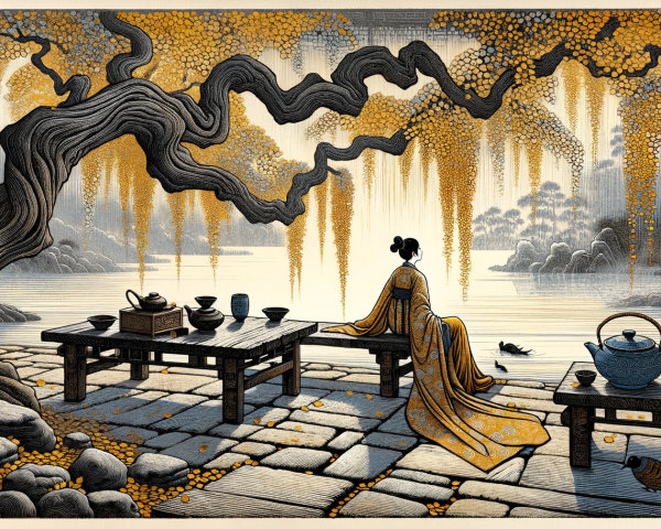 Serene Landscape with Woman by Tranquil Waterway