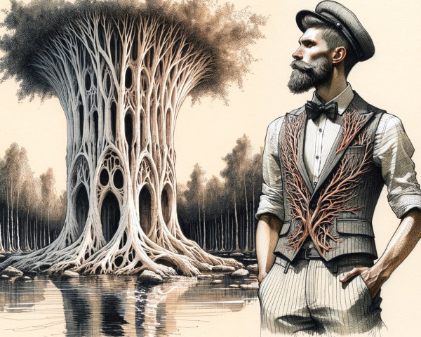 Elegantly Dressed Man by Artistic Tree and Water