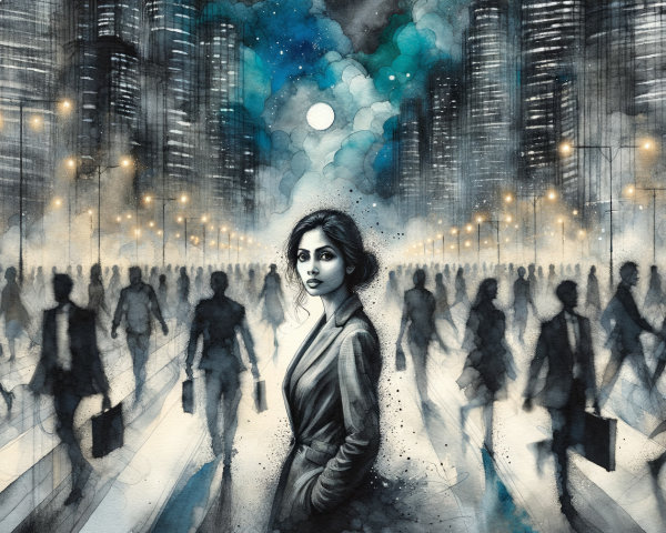 Monochrome Cityscape with Solitary Woman Contemplating