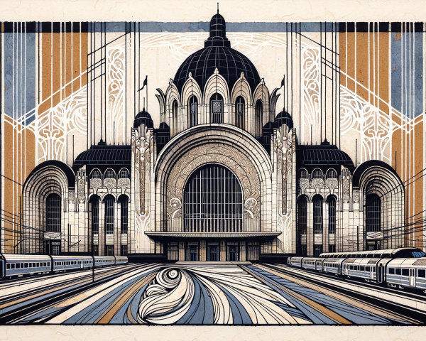 Stylized Architectural Rendering of a Grand Train Station