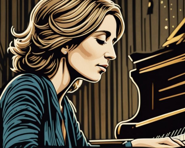 Woman in teal blouse playing grand piano in warm light