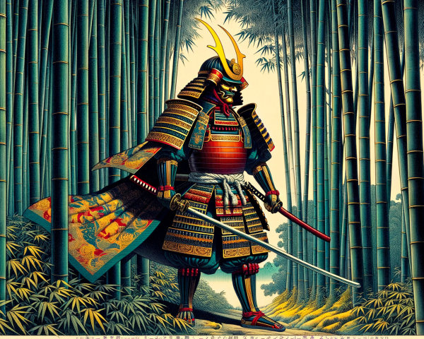Samurai in Ornate Armor in Serene Bamboo Forest