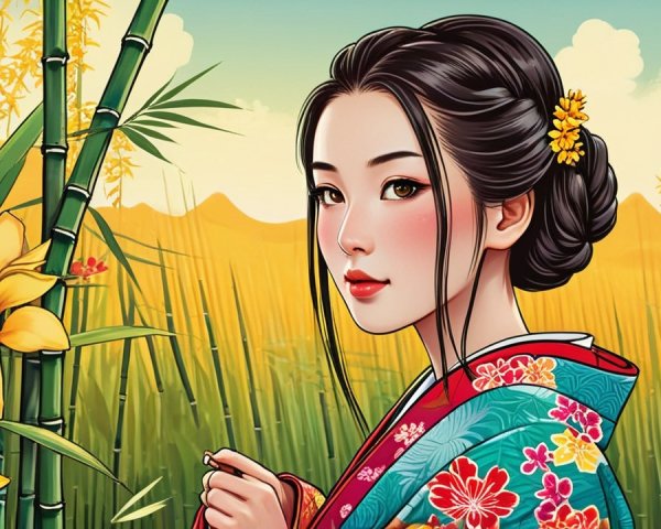 Graceful Woman in Kimono Surrounded by Nature