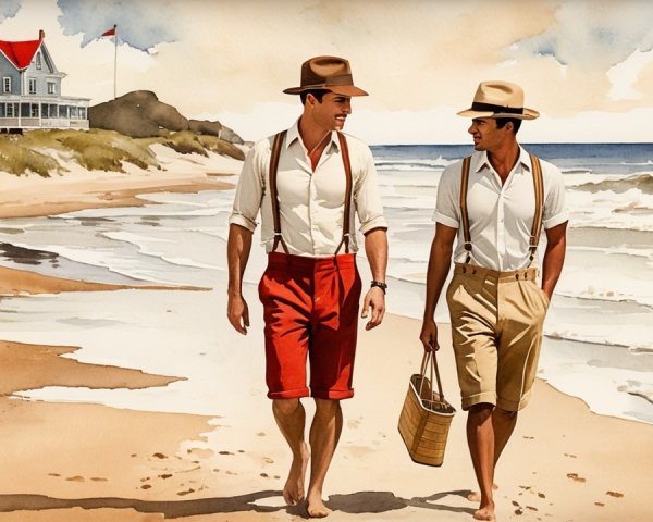 Men in Vintage Summer Attire on Sandy Beach