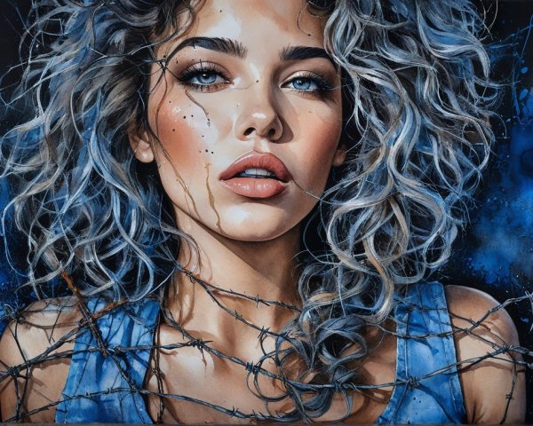 Portrait of a Woman with Curly Hair and Barbed Wire
