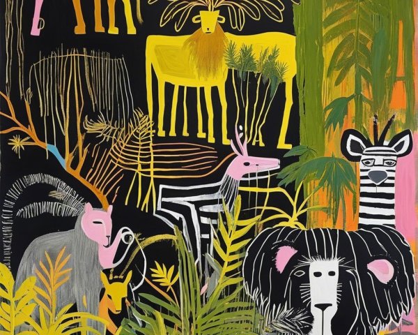 Whimsical Jungle Illustration with Stylized Animals