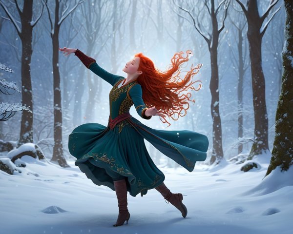 Young Woman in Green Dress Dances in Snowy Forest