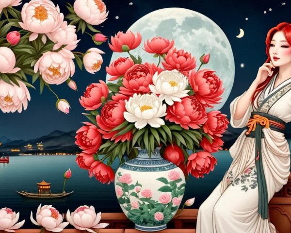 Serene Night Scene with Woman and Vibrant Peonies