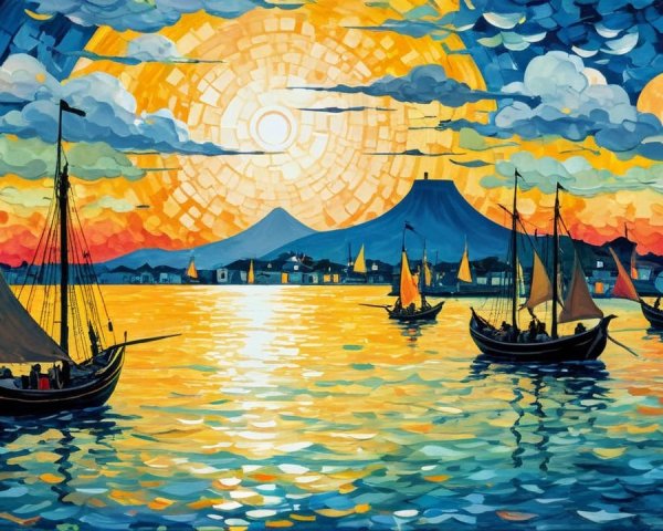 Vibrant Sunset Over Tranquil Seascape with Sailboats