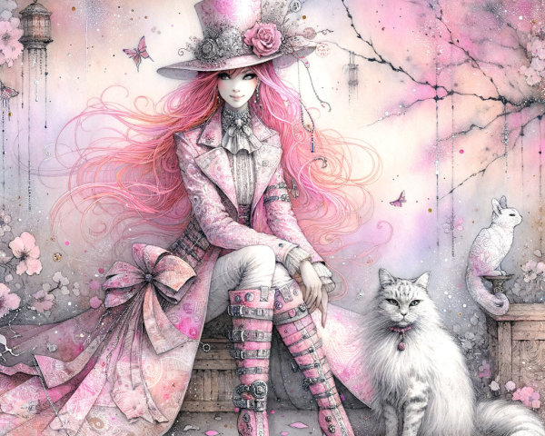 Whimsical Character with Pink Hair and White Cat