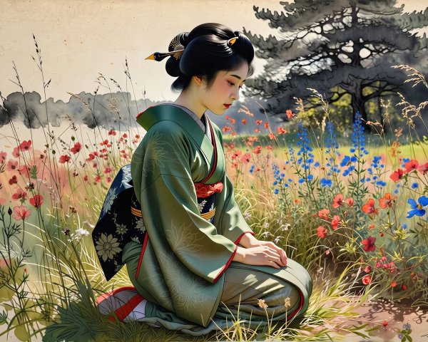 Watercolor Painting of Japanese Woman in Wildflowers