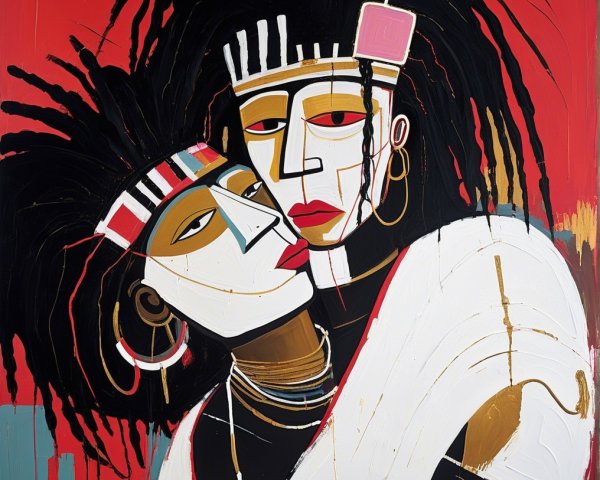 Stylized Figures in Bold Colors and Cultural Jewelry