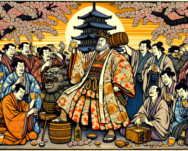 Ukiyo-e Scene of Samurai Celebration Under Cherry Blossoms
