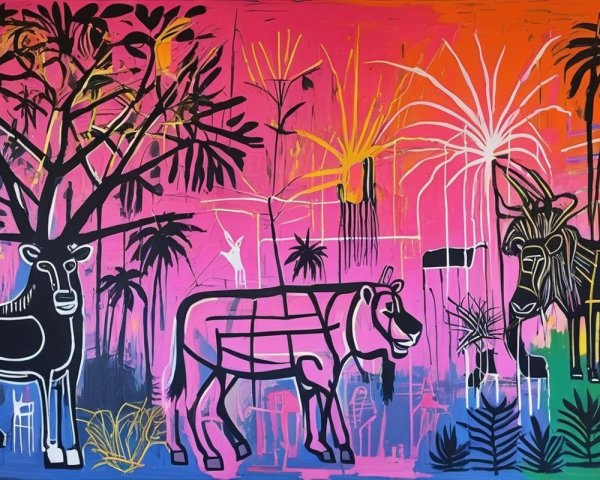 Vibrant Abstract Jungle Scene with Stylized Animals