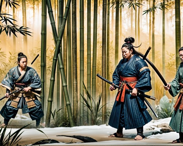 Samurai Warriors in Bamboo Forest Setting