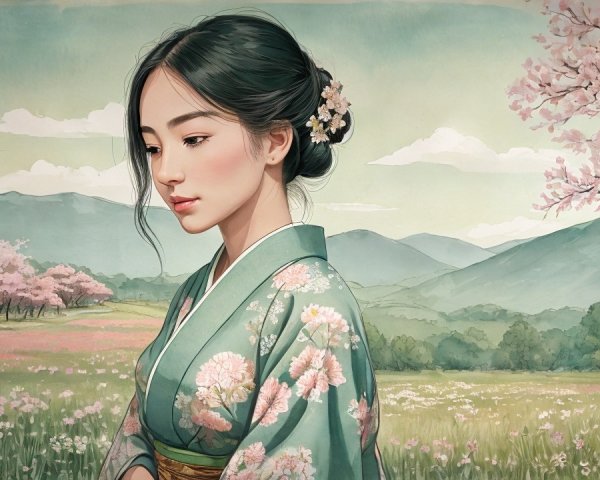 Serene Woman in Kimono Surrounded by Nature's Beauty