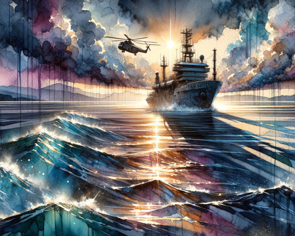 Majestic ship sailing through turbulent waters at sunset
