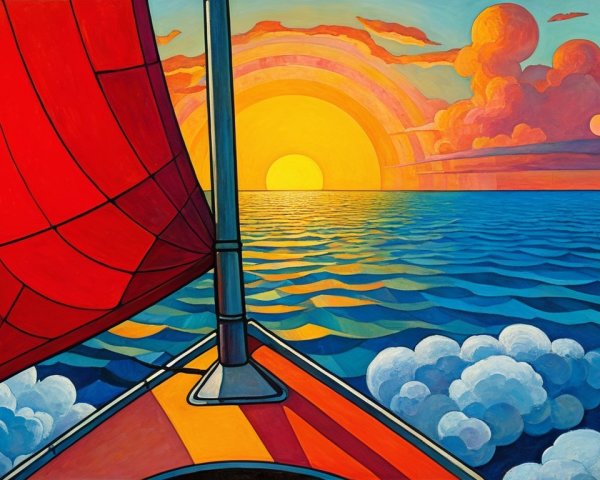 Vibrant Sunset Over Ocean with Sailboat and Clouds