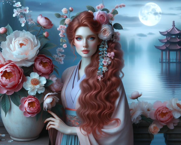 Ethereal Woman by Moonlit Lake with Peonies and Pagoda
