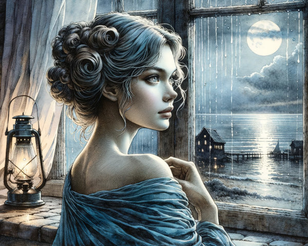 Woman with Curled Hair Gazing Out Window at Night