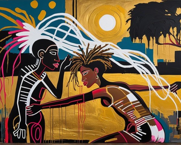 Abstract Artwork of Intertwined Figures in Bold Colors