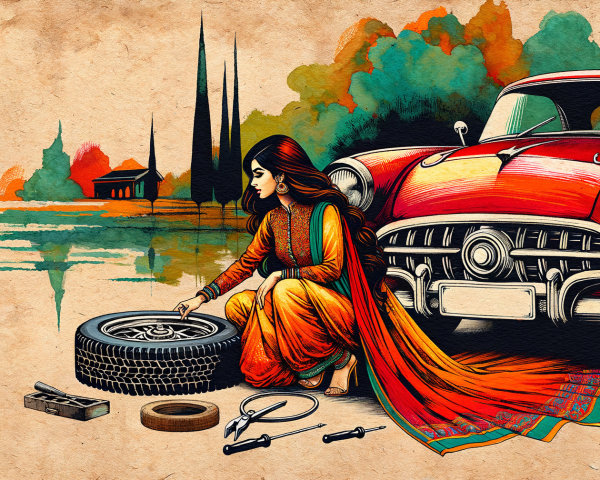 Woman in Traditional Outfit Fixing Tire by Vintage Car