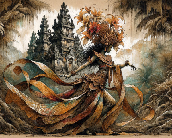 Mystical Figure in Vibrant Gown Amidst Ancient Temples