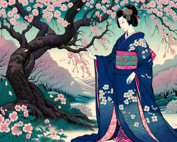 Geisha in Blue Kimono Under Cherry Blossom Tree
