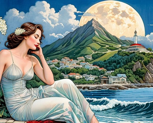 Coastal Scene with Woman in White Dress at Night
