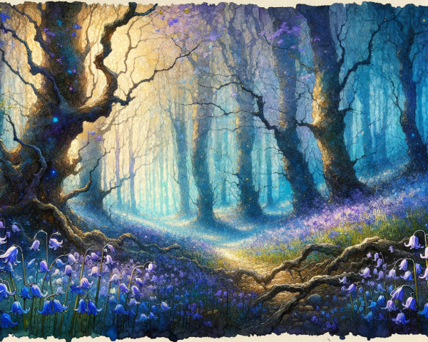 Magical Forest with Blue and Purple Hues and Light