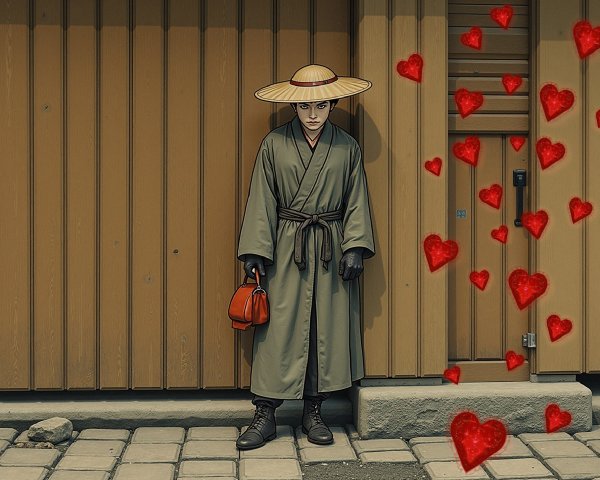 Character in Traditional Robe with Floating Hearts