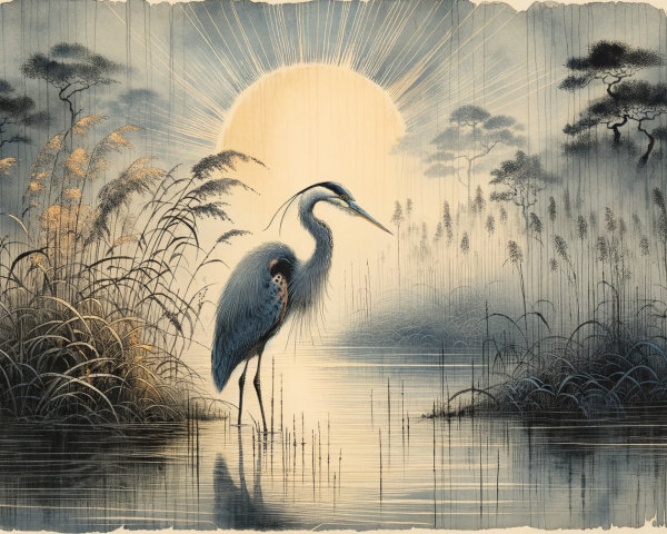 Heron in Serene Landscape at Sunset with Mist