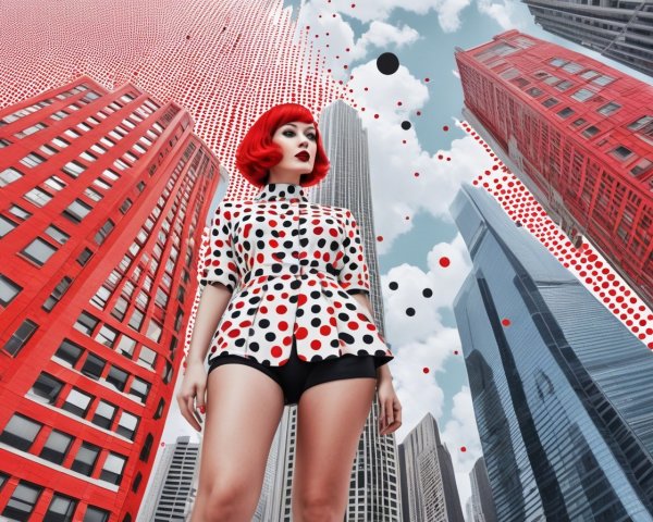 Fashion Model in Urban Setting with Polka Dot Blouse