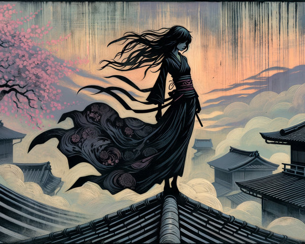 Silhouetted Figure in Kimono Against Sunset Sky