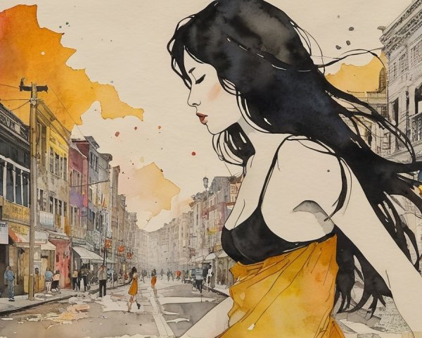 Watercolor Illustration of Woman in Vibrant Street Scene