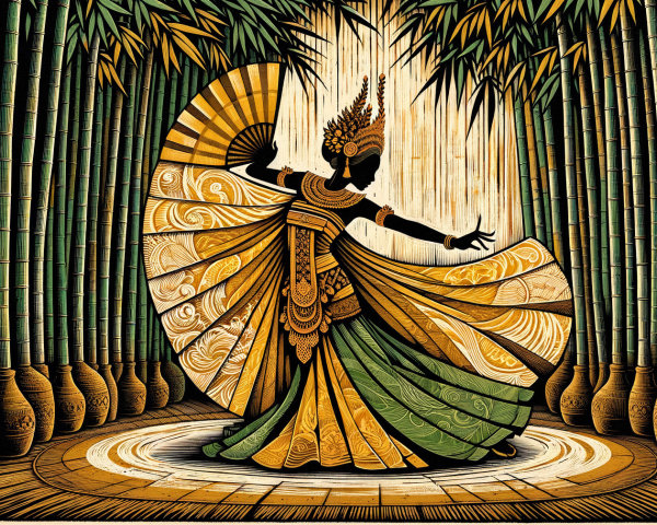 Silhouette of Dancer Amidst Bamboo and Decorative Pots