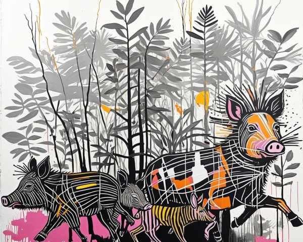 Stylized Wild Boars in Vibrant Forest Setting