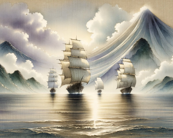 Idyllic Maritime Scene with Sailing Ships and Mountains