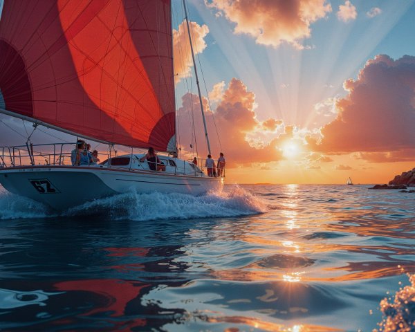 Sailboat with Red Sails at Sunset on Shimmering Waters