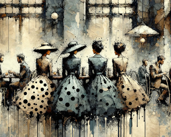 Vintage tea room scene with elegantly dressed patrons