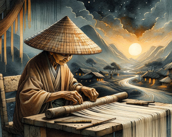 Elderly Weaver in Traditional Attire at Sunset Scene