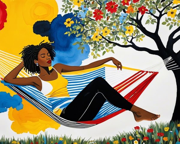 Woman Relaxing in Colorful Hammock Under Tree