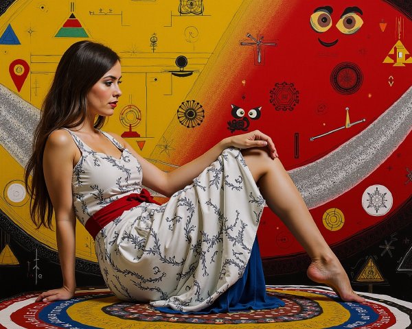 Woman in white dress on colorful round rug with mural
