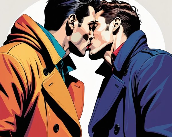 Two Men in Colorful Trench Coats Sharing a Kiss